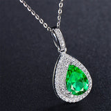 925 Silver Water Drop Emerald Zircon Pendant Necklace for Women