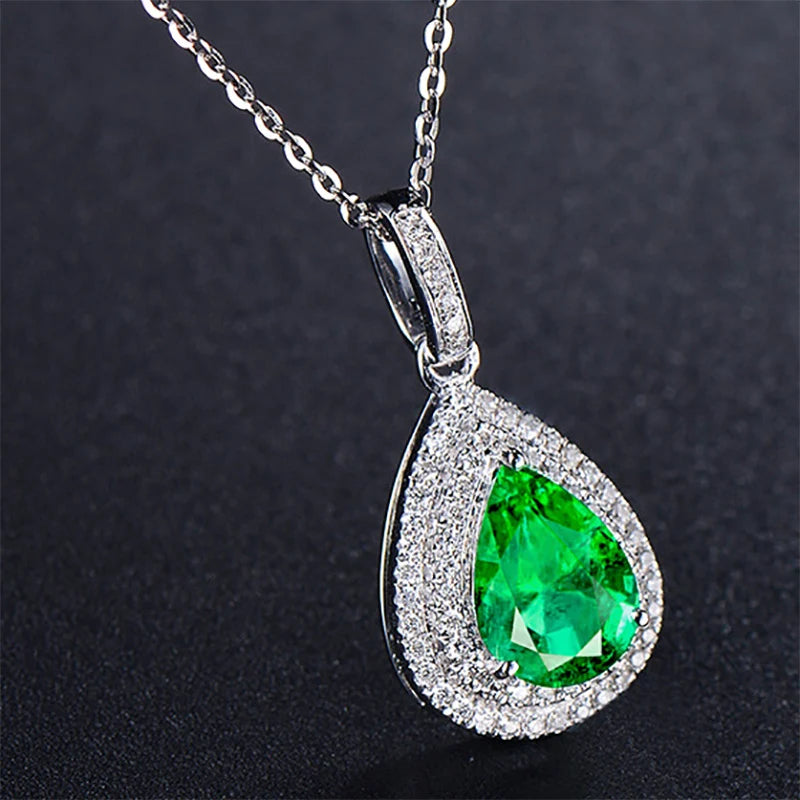 925 Silver Water Drop Emerald Zircon Pendant Necklace for Women