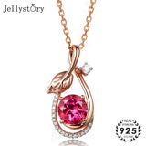 925 Silver Necklace with Ruby Zircon Leaf Pendant for Women