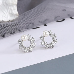 925 Silver Round Freshwater Pearl Zircon Stud Earrings
