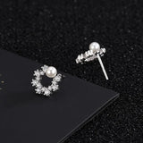 925 Silver Round Freshwater Pearl Zircon Stud Earrings