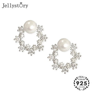 925 Silver Round Freshwater Pearl Zircon Stud Earrings