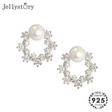 925 Silver Round Freshwater Pearl Zircon Stud Earrings
