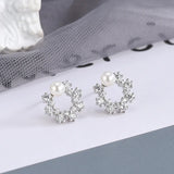 925 Silver Round Freshwater Pearl Zircon Stud Earrings