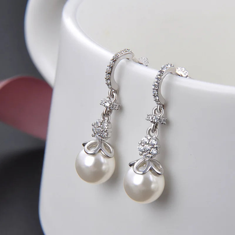 925 Silver Earrings Freshwater Pearl Zircon Wedding Party Jewelry