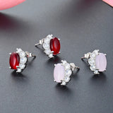 925 Silver Oval Ruby Zircon Stud Earrings Wedding Jewelry for Women