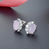 925 Silver Oval Ruby Zircon Stud Earrings Wedding Jewelry for Women
