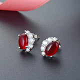 925 Silver Oval Ruby Zircon Stud Earrings Wedding Jewelry for Women