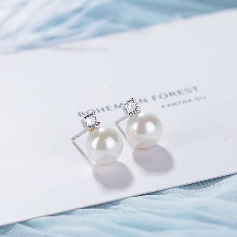 925 Silver Pearl Zircon Stud Earrings Wedding Party