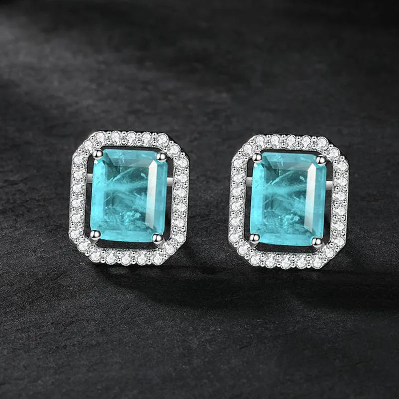 925 Sterling Silver Sapphire Rectangle Stud Earrings
