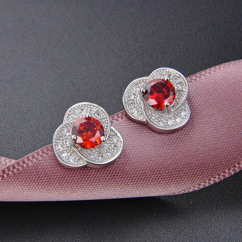 925 Silver Ruby Zircon Stud Earrings Wedding Party