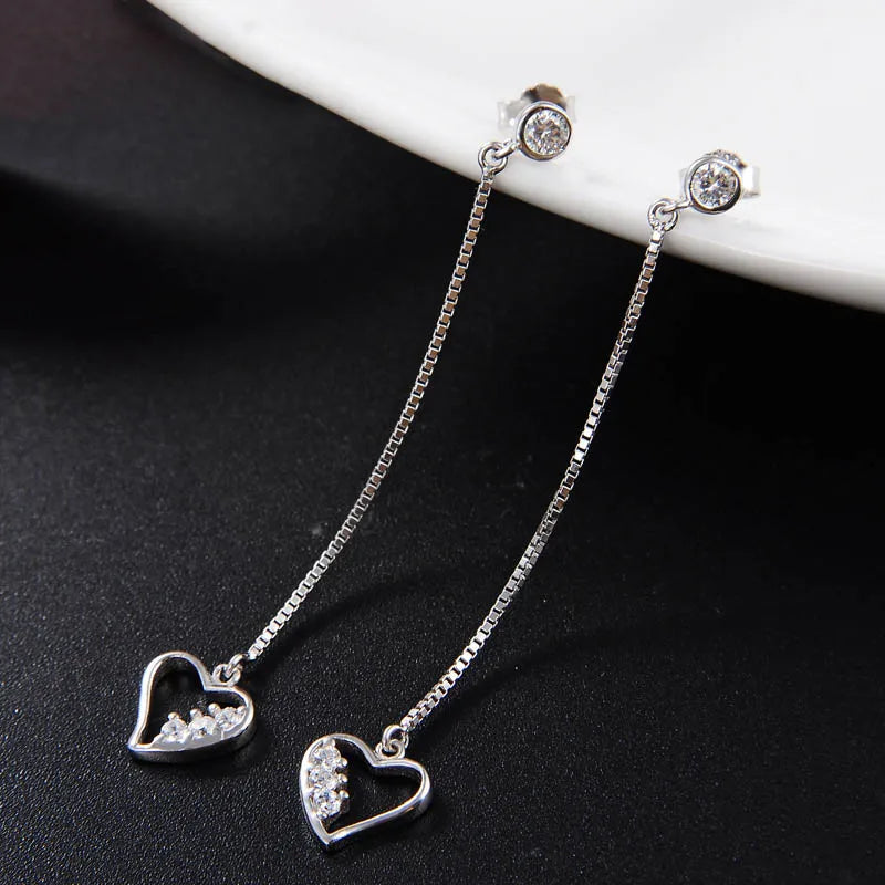 925 Silver Heart Zircon Drop Earrings Wedding Party