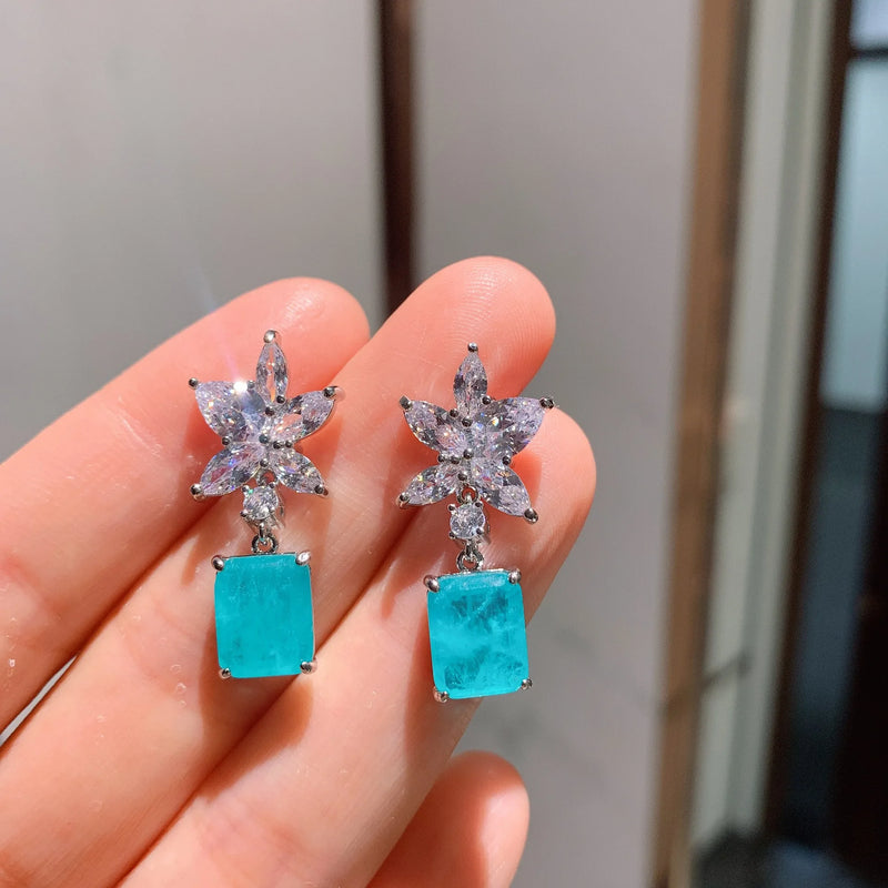 925 Silver Aquamarine Flower Earrings for Women Party