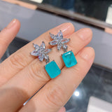 925 Silver Aquamarine Flower Earrings for Women Party