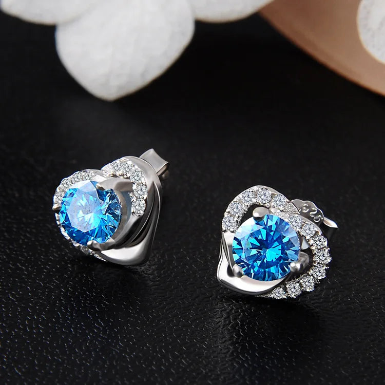 Heart Shaped Stud Earrings 925 Silver Jewelry Women Unique Design