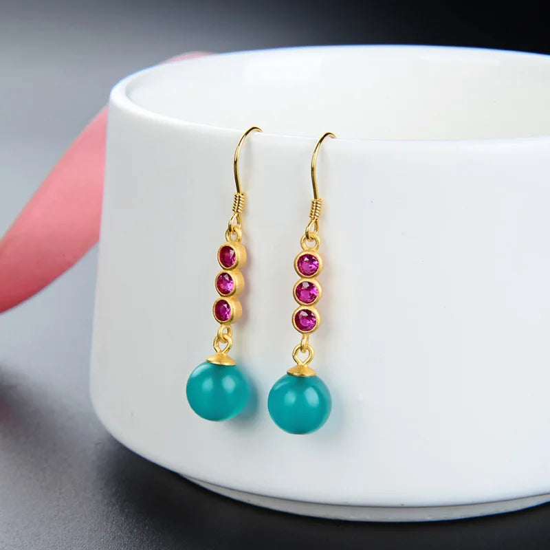 Vintage 925 Sterling Silver Emerald Ruby Drop Earrings