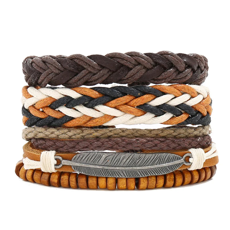 Punk Vintage 3 Pcs/set Multilayer Maple Leaf Charm Leather Bracelets