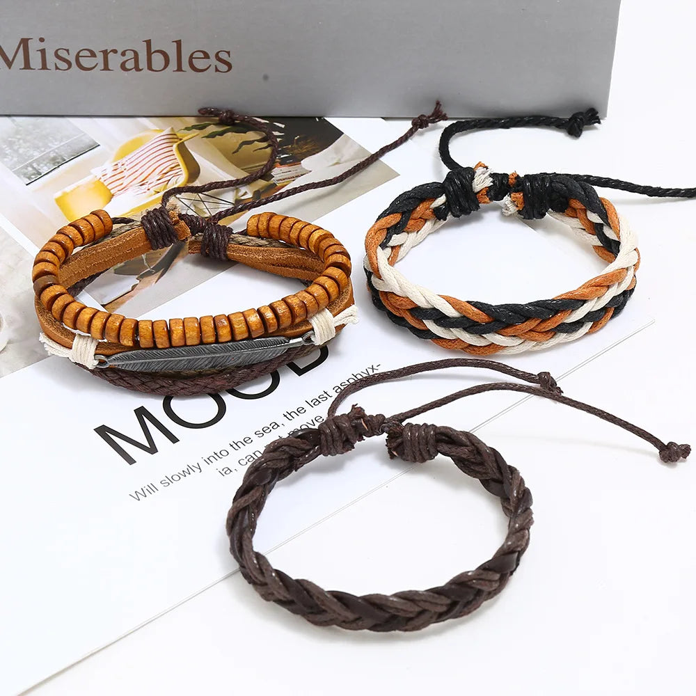 Punk Vintage 3 Pcs/set Multilayer Maple Leaf Charm Leather Bracelets