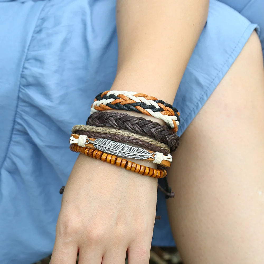 Punk Vintage 3 Pcs/set Multilayer Maple Leaf Charm Leather Bracelets