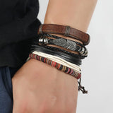 Punk Vintage Bangle Set Multilayer Maple Leaf Charm Leather Bracelets