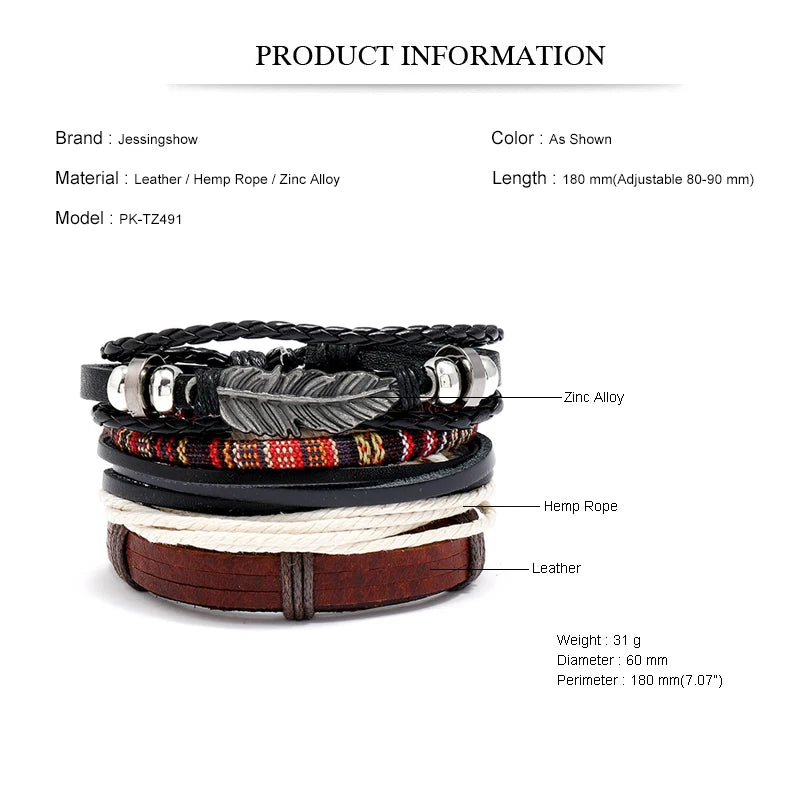 Punk Vintage Bangle Set Multilayer Maple Leaf Charm Leather Bracelets