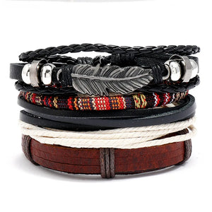 Punk Vintage Bangle Set Multilayer Maple Leaf Charm Leather Bracelets