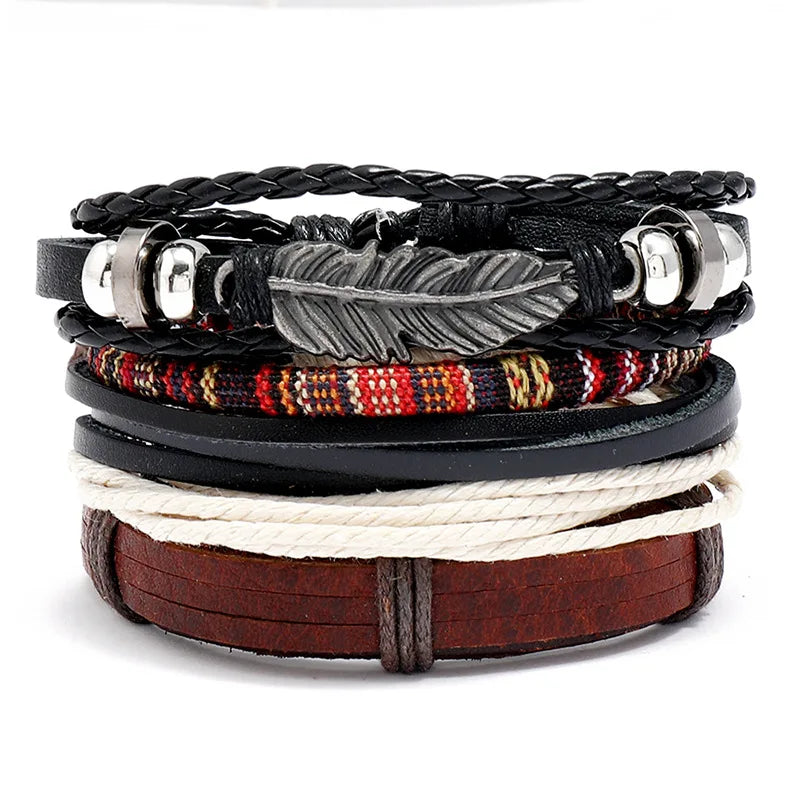 Punk Vintage Bangle Set Multilayer Maple Leaf Charm Leather Bracelets