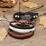 Punk Vintage Bangle Set Multilayer Maple Leaf Charm Leather Bracelets