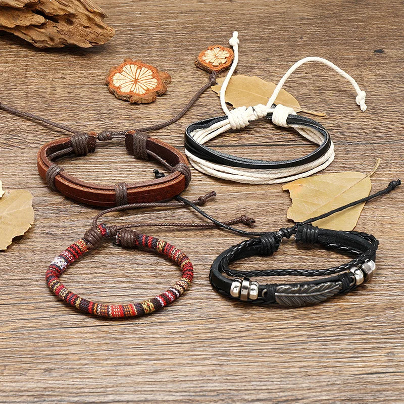 Punk Vintage Bangle Set Multilayer Maple Leaf Charm Leather Bracelets