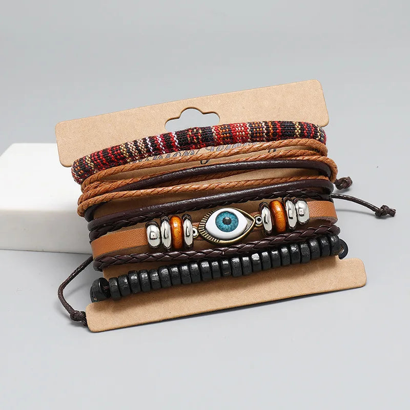 Vintage Punk Multilayer Leather Bracelet For Men 4Pcs/set