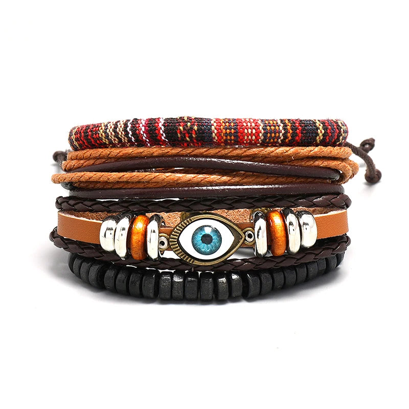 Vintage Punk Multilayer Leather Bracelet For Men 4Pcs/set