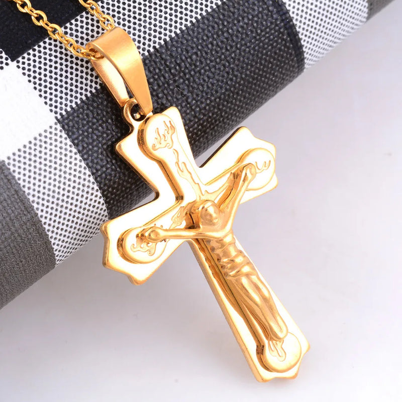 Jesus Vintage Cross Pendant Necklace Stainless Steel Chain