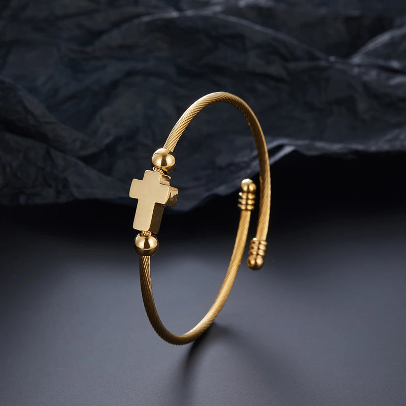 Jesus Cross Stainless Steel Cuff Bangle Mens Womens Religious Jewelry