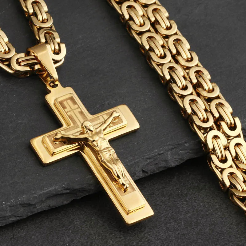 Jesus Cross Byzantine Chain Stainless Steel Necklace for Men