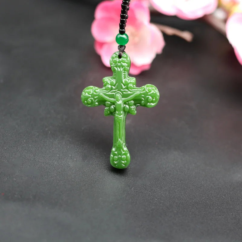 Jesus Cross Green Jade Pendant Necklace Hand-Carved Charm Jewelry