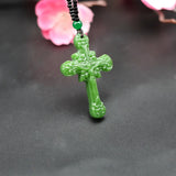 Jesus Cross Green Jade Pendant Necklace Hand-Carved Charm Jewelry