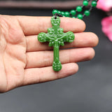 Jesus Cross Green Jade Pendant Necklace Hand-Carved Charm Jewelry