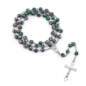 Vintage Cross Pendant Catholic Necklace Cloisonne Copper Bead