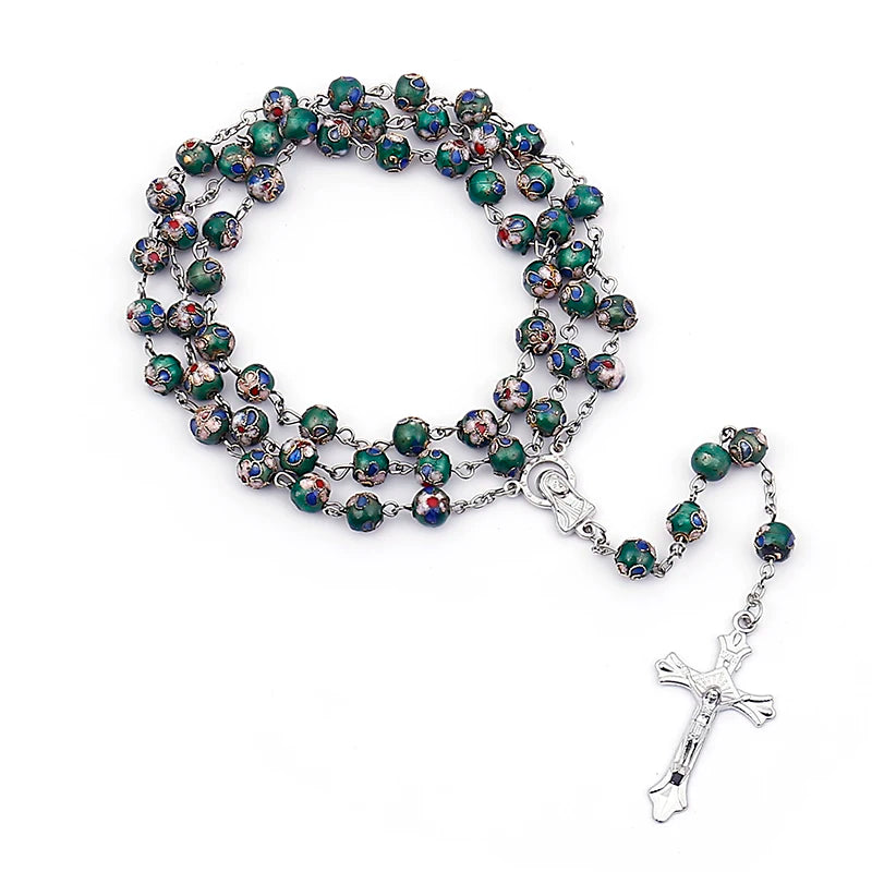 Vintage Cross Pendant Catholic Necklace Cloisonne Copper Bead