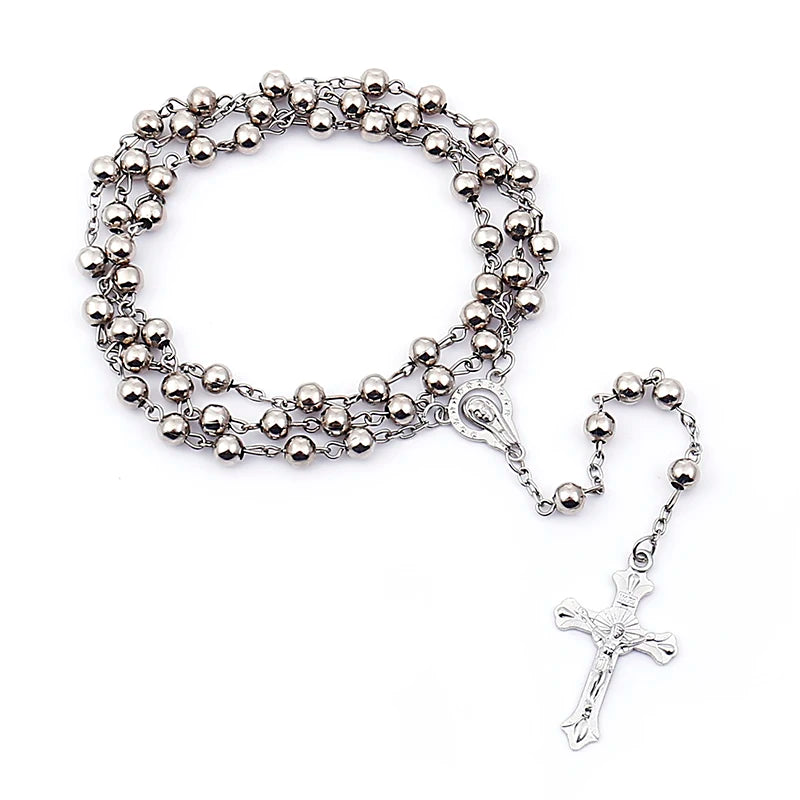 Vintage Jesus Cross Rosary Necklace with Catholic Portrait Pendant