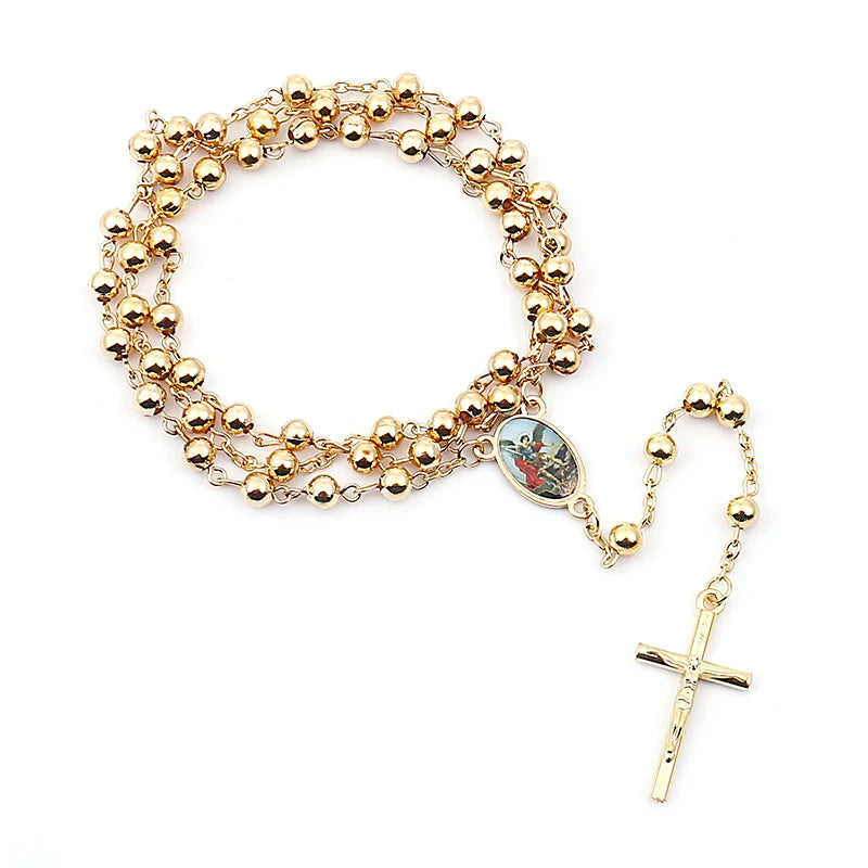 Vintage Jesus Cross Rosary Necklace with Catholic Portrait Pendant