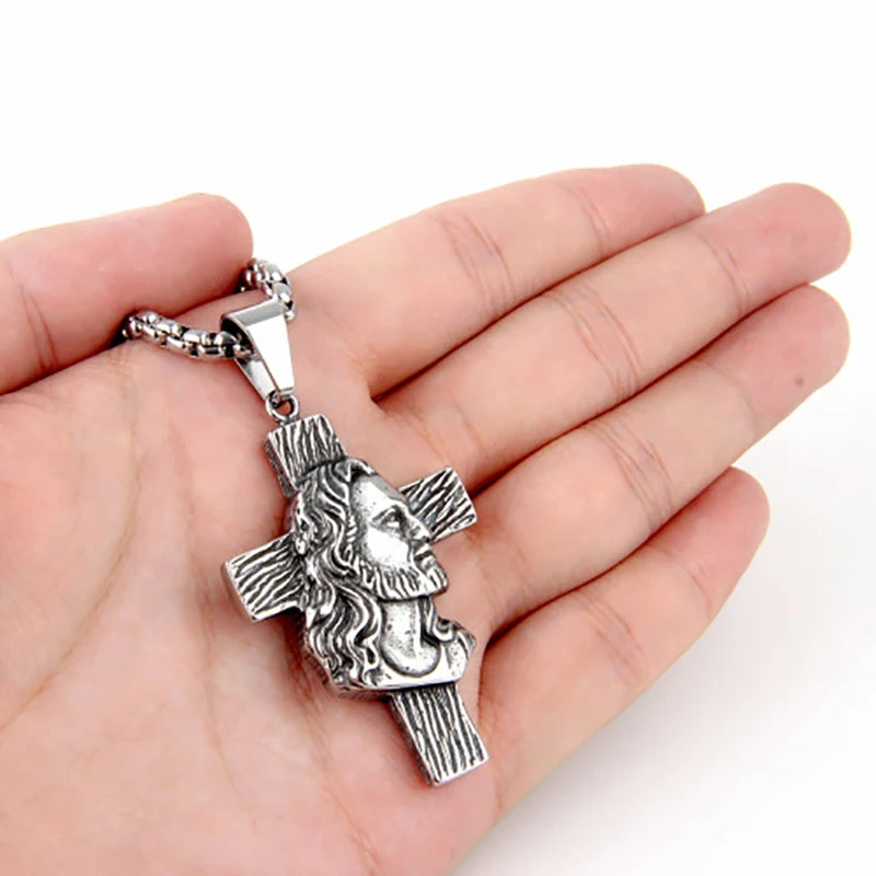 Jesus Cross Silver Necklace Men Women Stainless Steel Pendant