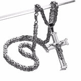 Jesus Cross Silver Necklace Stainless Steel With 6MM Byzantine Chain