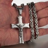 Jesus Cross Silver Necklace Stainless Steel With 6MM Byzantine Chain