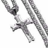 Jesus Cross Silver Necklace Stainless Steel With 6MM Byzantine Chain