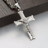 Jesus Cross Silver Necklace Stainless Steel With 6MM Byzantine Chain