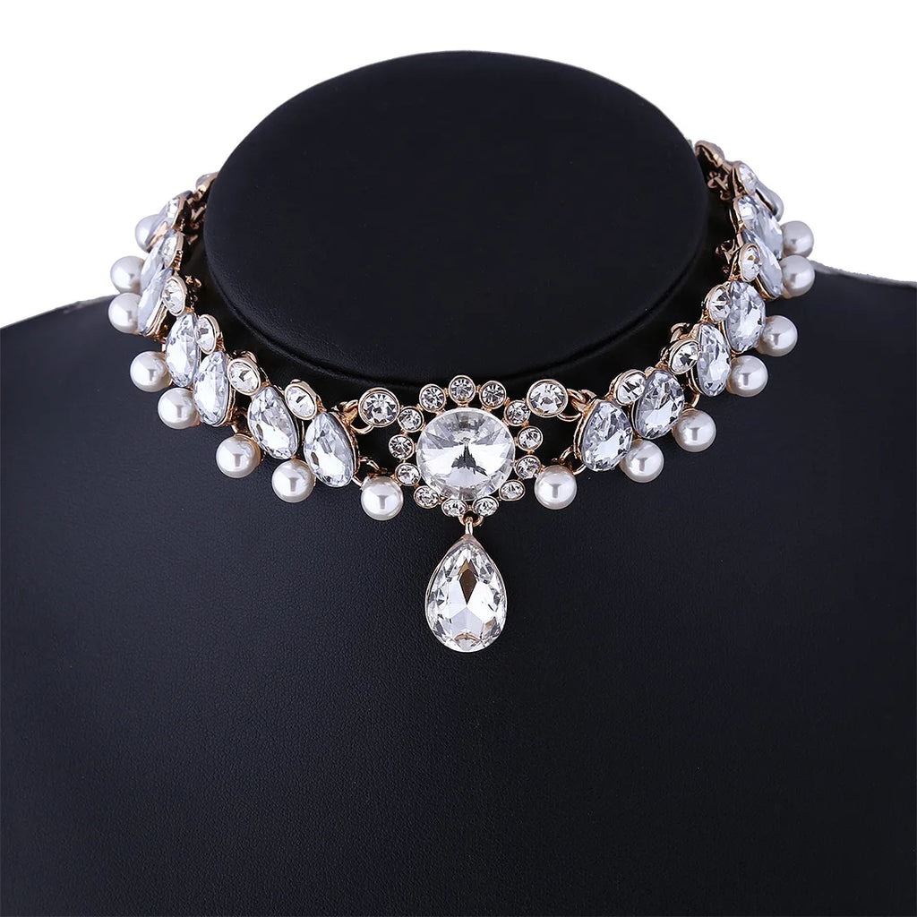 Boho Water Drop Crystal Pendant Necklace Vintage Simulated Pearl