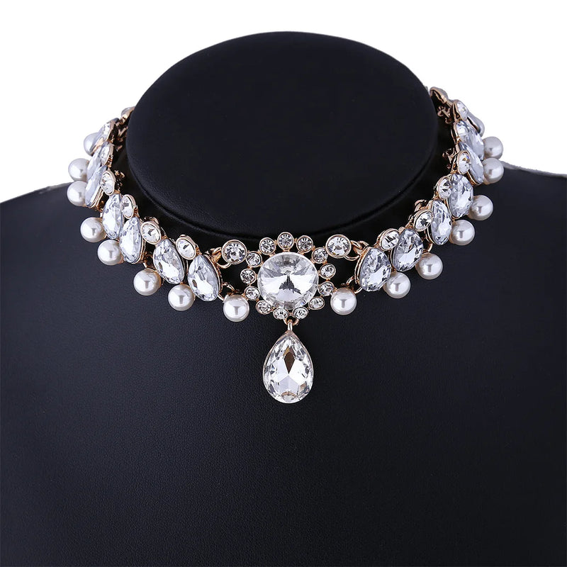 Boho Water Drop Crystal Pendant Necklace Vintage Simulated Pearl