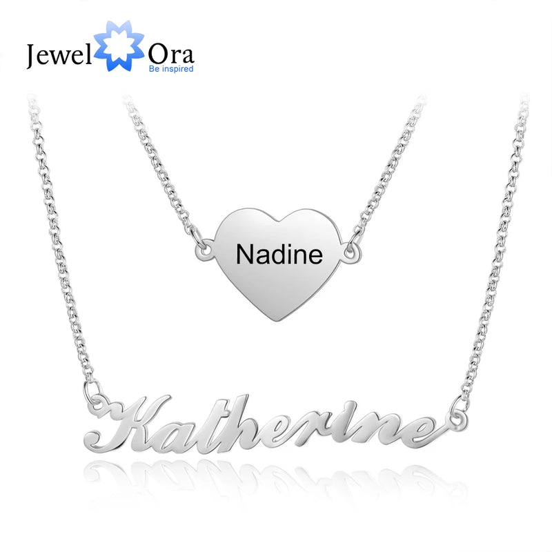 Personalized 925 Sterling Silver Nameplate Necklaces Set Heart Pendant Jewelry