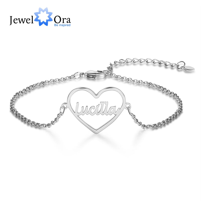 JewelOra 925 Silver Heart Nameplate Bracelet Personalized Gift